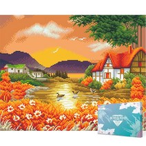 신세리티 비즈공예 액자 캔버스형 DIY 키트 보석십자수 세트 40 x 50 cm, 1세트, KOA-042. 고향 호수 풍경