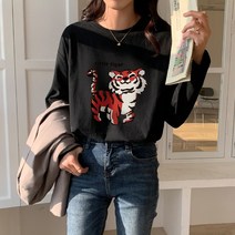 스타일아유 여성용 호랑이 프린팅 라운드넥 긴팔 티셔츠