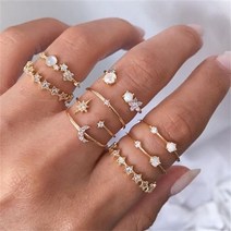 가족반지 커플링 디자인 백금 20대 빈티지 보헤미안 나비 골드 컬러 링 세트 지르콘 플라워 리프 오픈 링 여성용 심플 너클 액세서리