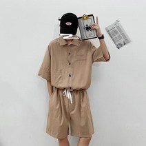 남자점프수트작업복 점프수트유니폼 정비복 캐주얼 하프 슬리브 폴드오버 칼라 힙합 스트리트 반바지 스트레이트 레그 팬츠 남성용 여름