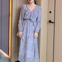 NewCare 여성 쉬폰원피스 프릴브이넥 꽃 샤랄라 플레어 롱원피스