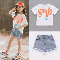 [당일발송] 주니어 스마일로고청반바지세트 국내배송 주니어여름상하복 초등학생상하복 바캉스룩