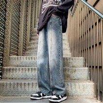 워싱 라인배너 와이드 데님팬츠