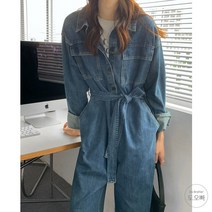 도오빠 여성 데님 점프수트 청 작업복 오버핏 긴팔 여자점프수트 청바지 봄 가을 프리사이즈