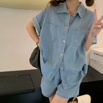 세트 데님 셔츠 밴딩 반바지 반팔 여름 여성 캐주얼 셋업