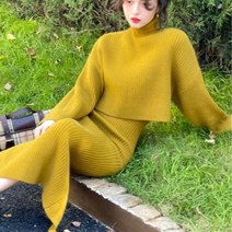 홀가먼트원피스 예복 앙고라 겨울미니 상견례 가을 니트 드레스 스웨터 풀오버 한국어 버전 작은 드레스 숙녀 정장 스웨터 스커트 투피스