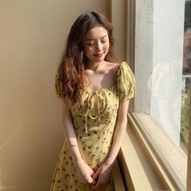 [진용] Print Floral Yellow Dress 코튼 미니 짧은 Vestido Festa Sundress Runway Korean Style Women Vestidos Pl