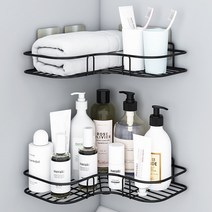 윈프라이스 철재 접착식 코너 욕실선반 1+1, 블랙