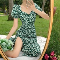 녹색 꽃 무늬 드레스 여성의 여름 새로운 달콤한 작은 신선한 복고풍 틈새 차 휴식 분할 롱 스커트