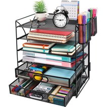 Daofary Desk 정리함 및 액세서리 서랍 2개 및 펜 홀더 2개가 있는 사무용 책상 정리함 블랙 메쉬 사무용 책상 정리함 및 사무용 학용품 보관함 (B - 6 Tier), B - 6 Tier