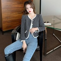 노카라넥 트위드 크롭 배색 컬러 자켓 재킷 여성 코트 가디건