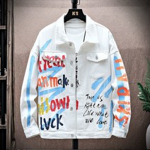 카우보이 힙합 세련된 문자 인쇄 청바지 재킷 남성 캐주얼 스트리트 숏 스타일 데님 코트 봄