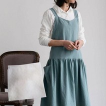 원피스 앞치마+밤부손수건 북유럽 카페 주방 공방 바리스타 유치원 선생님 어린이집 린넨 코튼 프릴 주름 앞치마, 블루그린+밤부손수건1장