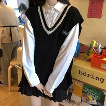 하이틴룩 하객룩투피스 놀이공원 코디 Deeptown Preppy 패션 블랙 스웨터 조끼 여성 하라주쿠 베이지 v 넥 민소매 점퍼 풀오버 솔리드 탑스