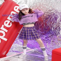 키즈 치어리더 스트릿댄스 패션 비걸 아동 방송댄스 의상 복 세트 댄스개인레슨 성인, 러브블랙런닝+퍼플상의+퍼플체크스커트_130cm