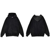 하이 스트리트 후드티 빈티지 힙합 코튼 루즈 솔리드 컬러 블랭크 헤비 웨이트 워시 후드, Black, L