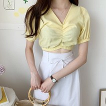 바쵸 세일라 양브이 셔링린넨블라우스