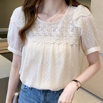 스타일아유 여름 시원한 쉬폰 시수루 레이스 퍼프소매 여름 반팔 블라우스 데이트룩 오피스룩