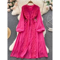 여성용 빈티지 긴팔 드레스 단색 도라지 프렌치 레이스 업 웨이스트 싱글 브레스트 롱 GD816 봄 가을