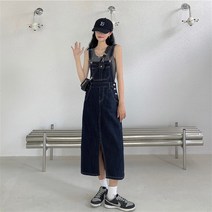 오버클래쓰 여성 롱 원피스 루즈 h라인 멜빵 데님 뷔스티에 트임