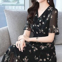 여성 플라워 쉬폰원피스 브이넥 반팔 롱