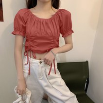 퍼프소매 짧은 벌룬소매 드로스트링 주름셔츠 여성 크롭 쇄골 상의 매너 디자인감각 보이핏 볼륨 학원 무드 325200367