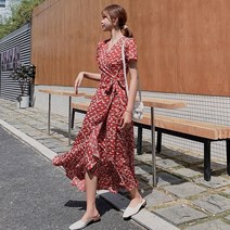 빌리즈빈 여름 여성 브이넥 레이스 주름 매듭 롱 원피스 B211