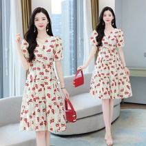 데일리룩 레드 플라워 스트랩 원피스 벌룬 소매 A라인 스커트 작은 키 선녀 슬림 심플