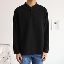 더베이직샵 투버튼 미니멀 세미오버 헨리넥 긴팔 티셔츠