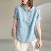 아사면 블라우스 린넨 루즈핏 블라우스여름 여성 셔츠 플러스 루스 캐주얼 반소매 피터팬 칼라 패치 워크