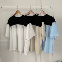 [비비애르] 프릴 주름 배색 반팔 린넨 블라우스 퍼프소매 코튼 시원한 베이직 루즈핏