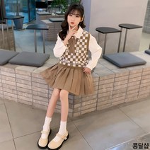 콩달샵 주니어 여아 러블리블라우스+체크조끼+주름치마 봄가을옷 초등학생옷 상하복세트 [SS041]