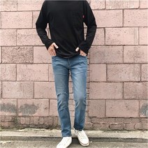 [] 남자 봄 가을 데미지 일자핏 연청 깔끔 데님 청바지