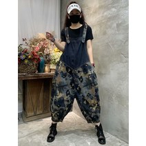 멜빵청바지 봄 여름 클래식 구제 여성 뚱뚱한 개성 블러킹 플라워 프린팅 벌룬팬츠 9부 바디슈트 2611426177