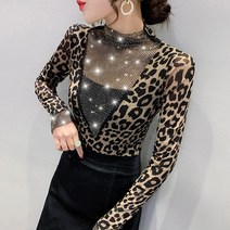 Sorfil 유로 봄 신상품 라운드 핫픽스 긴팔티 여성 호피무늬 레깅스 패션