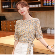 여름 꽃 쉬폰 셔츠 반팔 블라우스 하이넥 백 할로우 탑