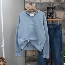 상상그이상 여성용 국내제작 모먼트 브이넥 맨투맨 3단쭈리 자수레터링 가성비 좋은 고급원단 페미닌하고 편안한 루즈핏 데일리 기본 맨투맨