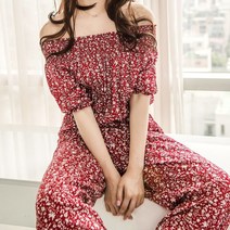 여자 꽃무늬 밴딩 오프숄더 점프수트 원피스