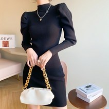 당일배송 반하이넥폴라 벌룬퍼프숄더 슬림핏 골지니트 미디원피스 모카베이지 비비드오렌지 블랙