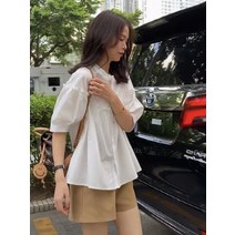 여름 쉬폰반팔블라우스 플라워 쉬폰롱블라우스 허리셔링 볼륨 프릴넥 면 뒷리본 쉬폰 블라우스 코디