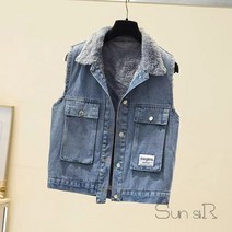 Sun siR 데님 조끼 여학생 도구 가을 겨울 새로운 여성 의류 플러스 벨벳 두꺼운 느슨한 민소매 조끼의 한국어 버전