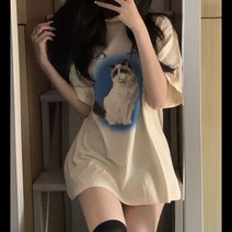 Muzhixi 나른[순면 100%] 인스타 핫 순욕풍 빈티지 아메리칸 고양이 크림색 루즈한 반팔 티셔츠녀