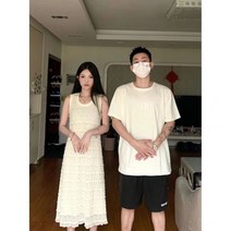 RM 커플시밀러룩 커플룩 레이스 민소매 롱원피스 레터링 반팔 티셔츠
