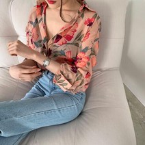 여성 카라 화려한 블라우스 꽃 무늬 브이넥 쉬폰 셔츠
