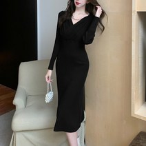 넷투넷코리아 여성 V넥 긴팔 롱원피스 심플 데일리 무지 하객룩