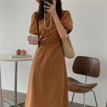 잇츠스타일 여성 라운드넥 옆허리 트임 퍼프 데일리 슬림핏 미디원피스