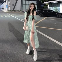 세련된 휴양지원피스 그린 롱비치원피스 스퀘어넥 칼라 바캉스룩 살랑살랑 해외여행 여름옷