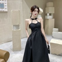 럭셔리 프리미엄 햅번풍 블랙 홀터넥 파티 원피스 디너 드레스