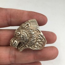 중국 오래 된 골동품 티벳 실버 수 제 럭키 타이거 19mm 반지