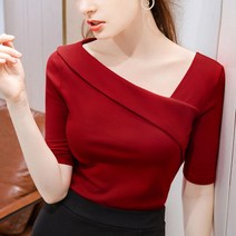 디자인 경사 V넥 반팔 여름 여성 얇은 거즈 면티셔츠